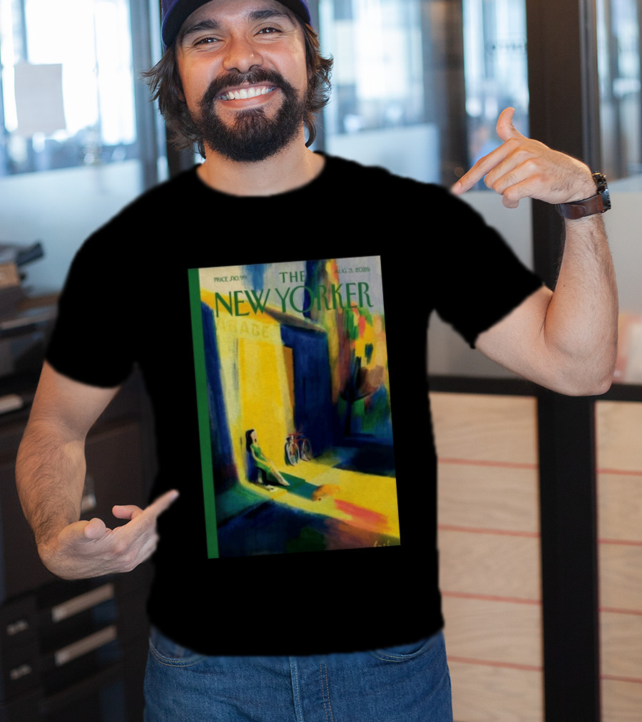 The New Yorker August 3 2026 Pierre Emmanuel Lyet Cover Art Female Figure With Bicycle In Vibrant Alley Scene T-Shirt