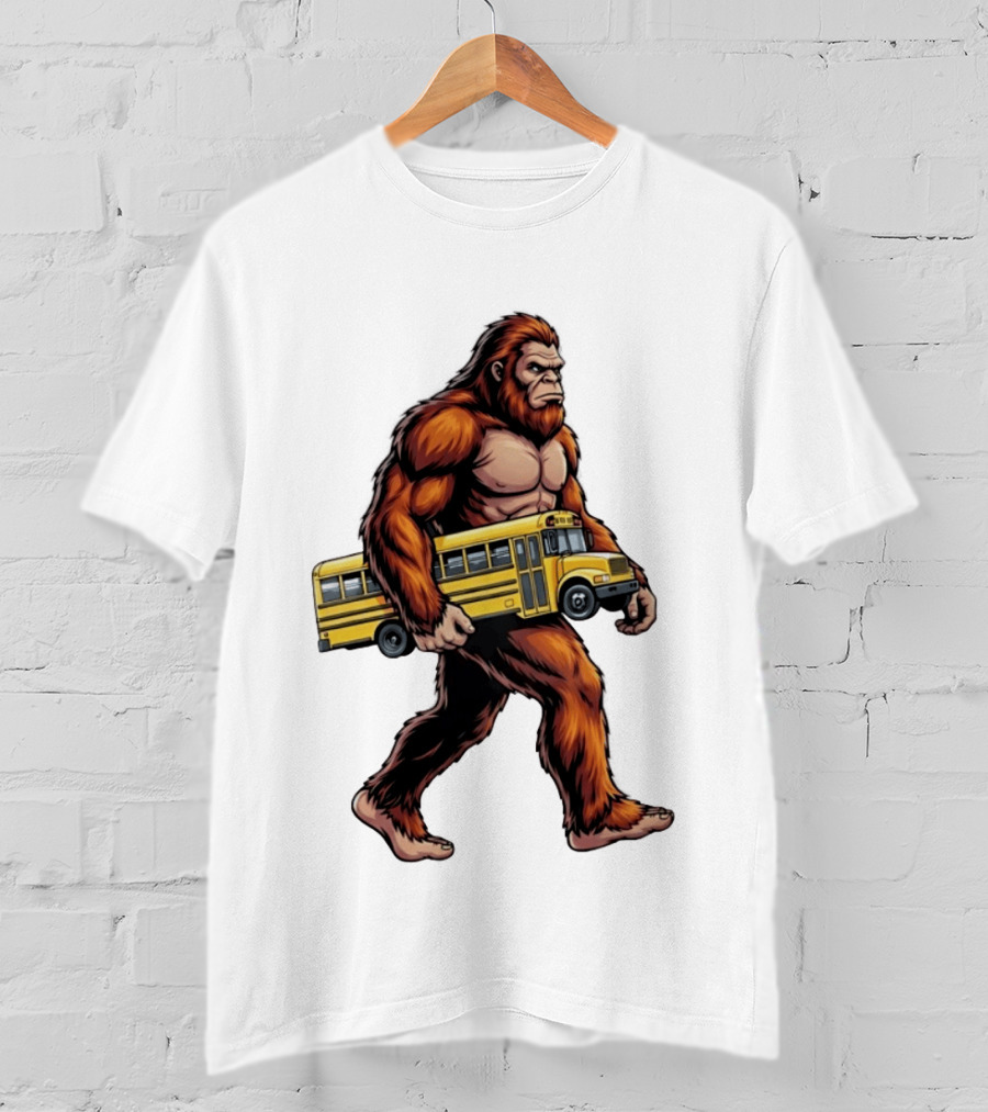 Bigfoot Sasquatch Carrying Yellow School Bus T-Shirt