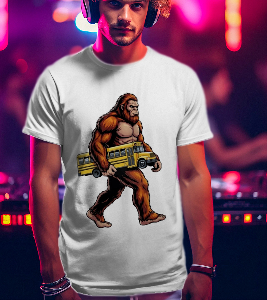 Bigfoot Sasquatch Carrying Yellow School Bus T-Shirt
