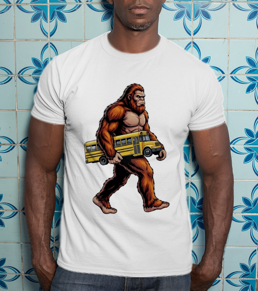 Bigfoot Sasquatch Carrying Yellow School Bus T-Shirt
