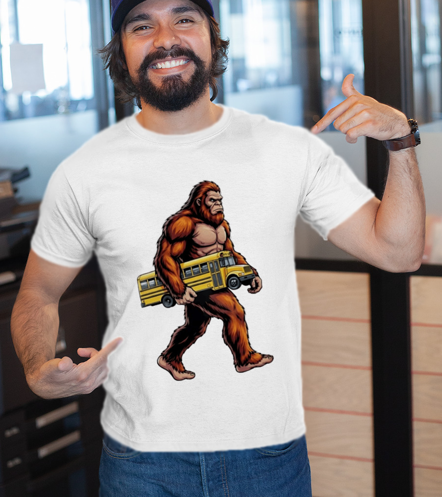 Bigfoot Sasquatch Carrying Yellow School Bus T-Shirt