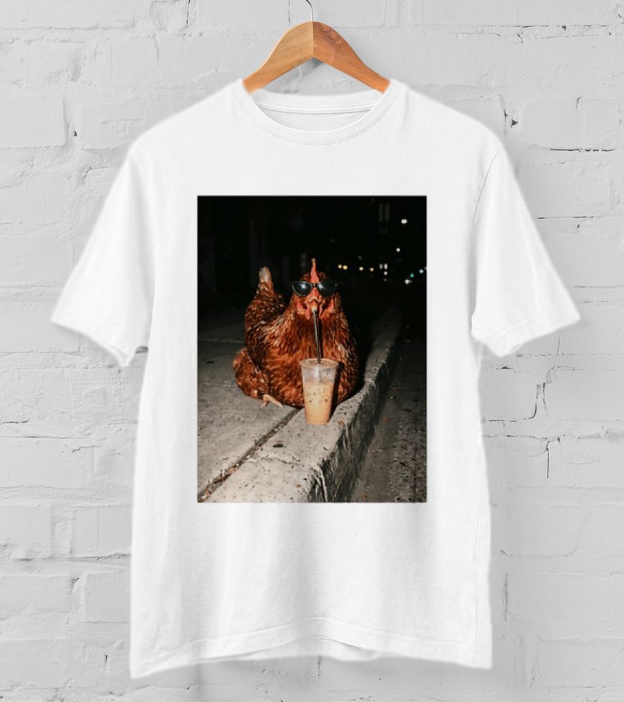 Chicken Wearing Sunglasses Drinking Iced Coffee At Night T-Shirt