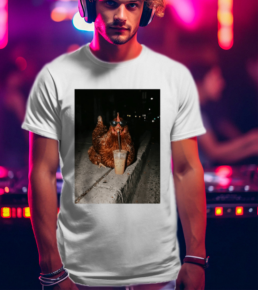 Chicken Wearing Sunglasses Drinking Iced Coffee At Night T-Shirt