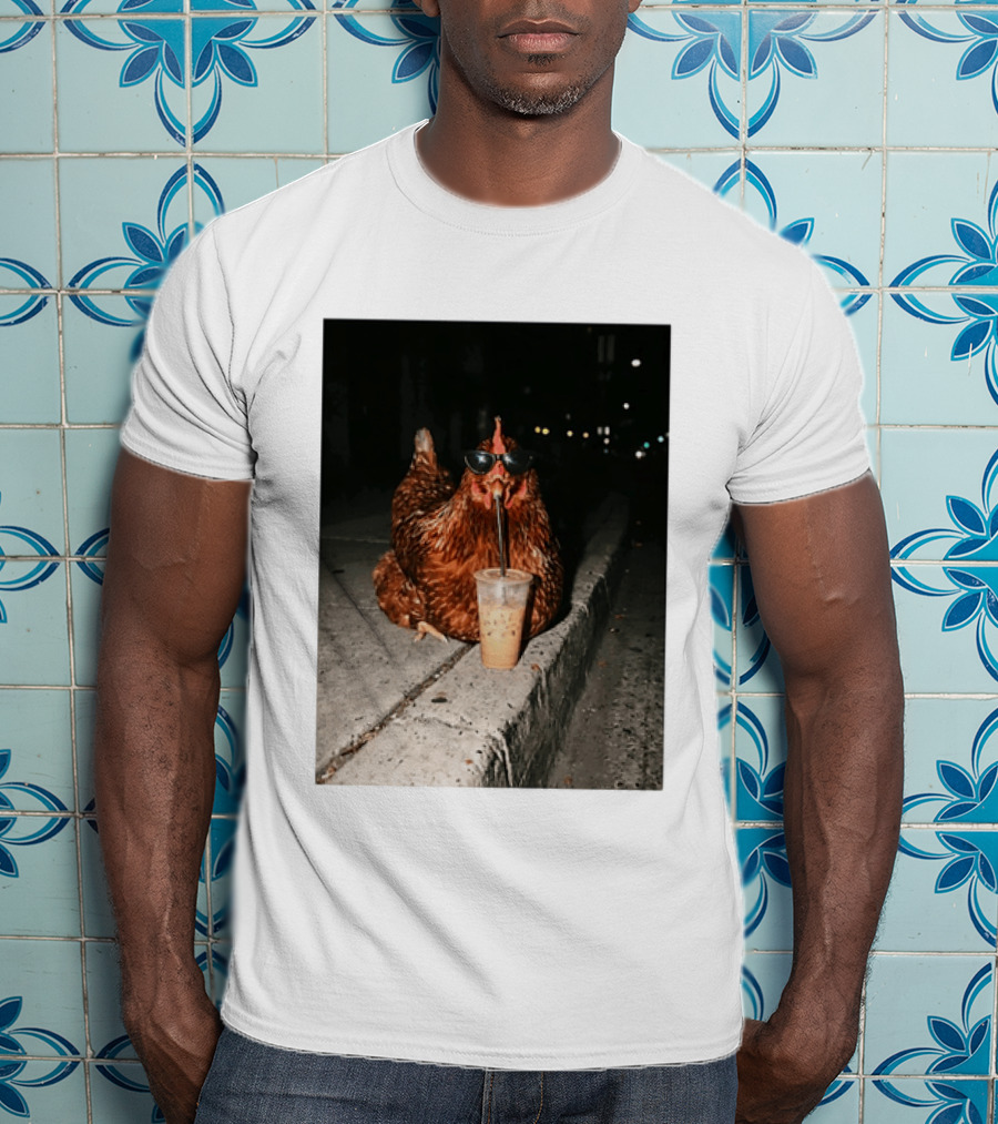 Chicken Wearing Sunglasses Drinking Iced Coffee At Night T-Shirt
