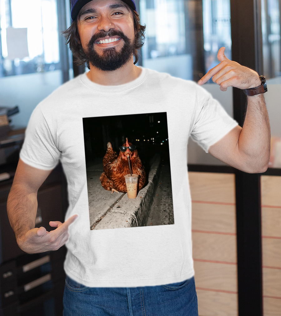Chicken Wearing Sunglasses Drinking Iced Coffee At Night T-Shirt