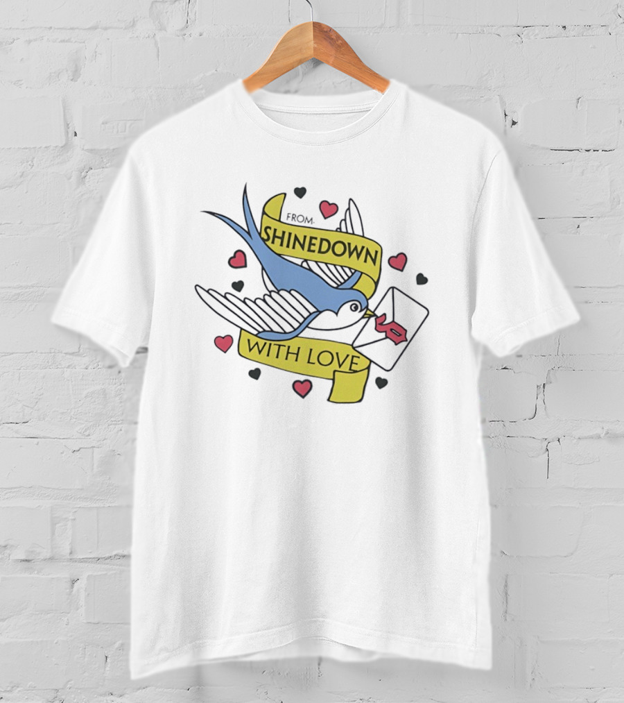 From Shinedown With Love Swallow Bird Carrying Letter Hearts Rock Music T-Shirt