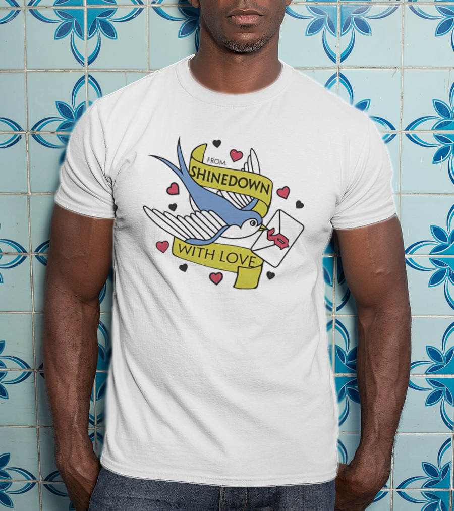 From Shinedown With Love Swallow Bird Carrying Letter Hearts Rock Music T-Shirt