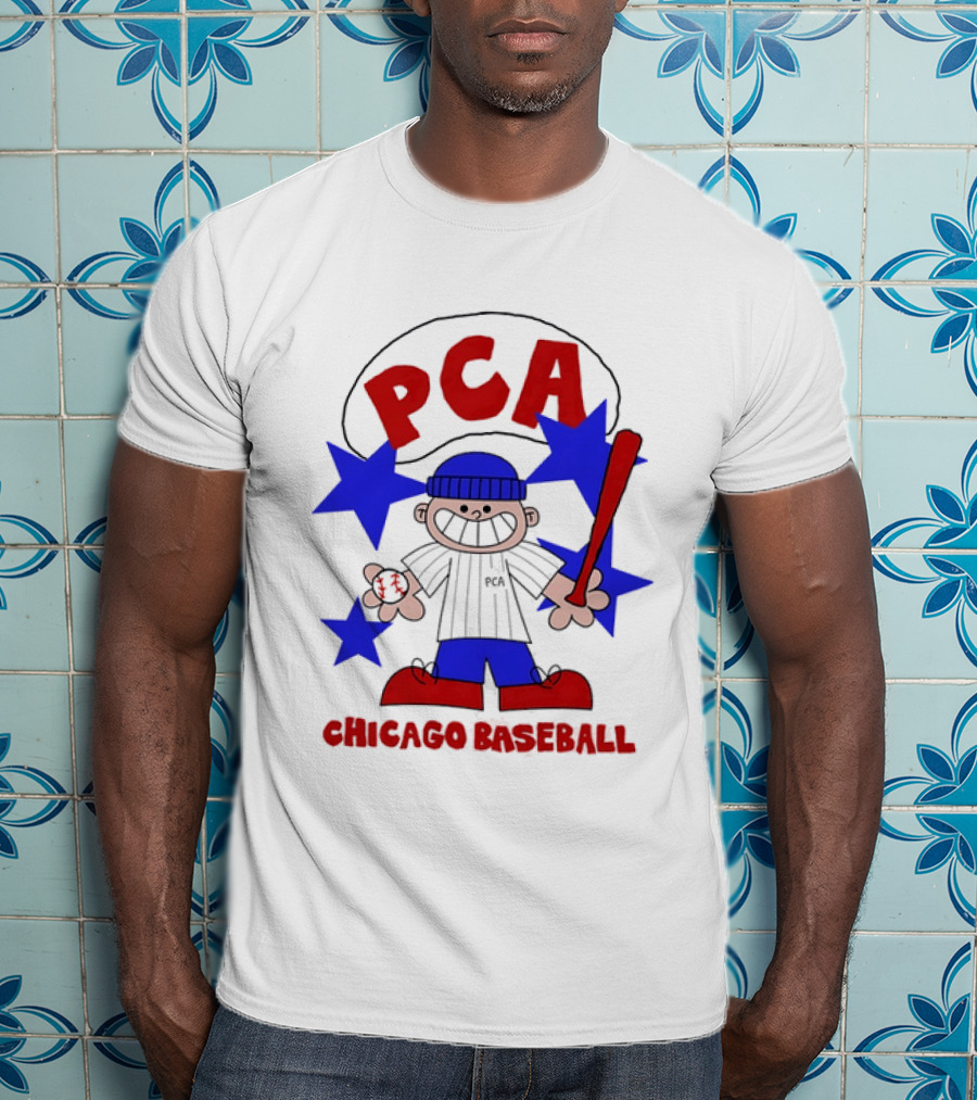 PCA Chicago Baseball Cartoon Youth Kids Sports Humor Red Blue Stars T-Shirt