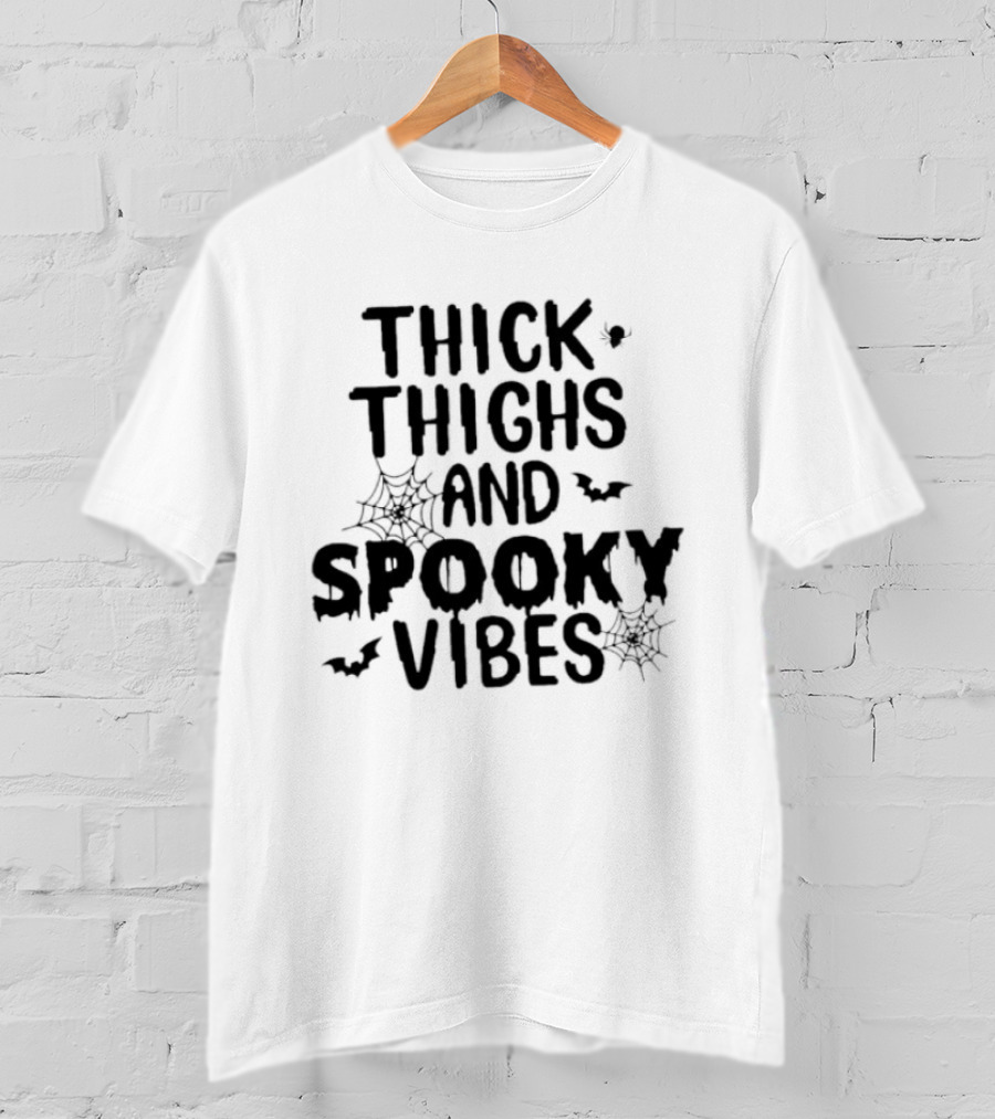 Thick Thighs And Spooky Vibes Halloween 2025 Cartoon With Bats And Spiderwebs T-Shirt