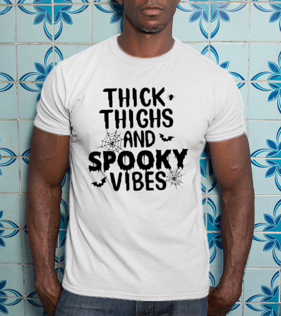 Thick Thighs And Spooky Vibes Halloween 2025 Cartoon With Bats And Spiderwebs T-Shirt