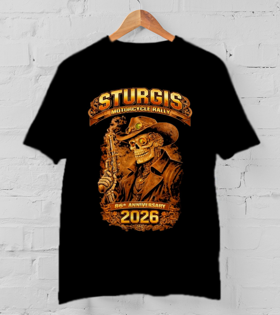 Sturgis Motorcycle Rally 2026 86th Anniversary Steampunk Cowboy Skull T-Shirt