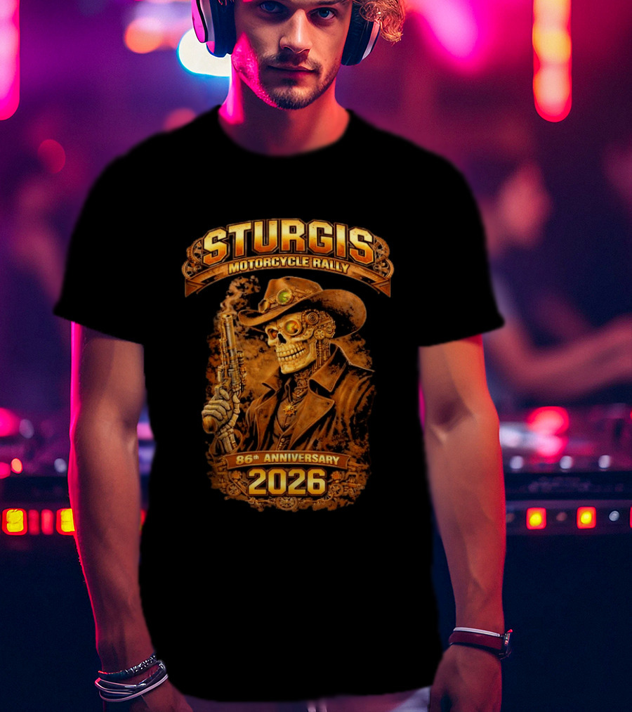 Sturgis Motorcycle Rally 2026 86th Anniversary Steampunk Cowboy Skull T-Shirt