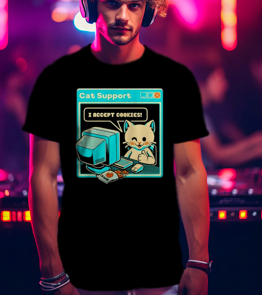 Cat Support I Accept Cookies Computer Cartoon Comic T-Shirt
