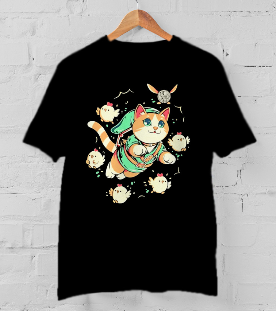 Fantasy Adventurer Cat In Green Tunic With Chickens And Yarn Ball T-Shirt
