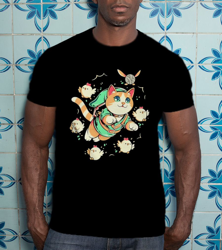 Fantasy Adventurer Cat In Green Tunic With Chickens And Yarn Ball T-Shirt