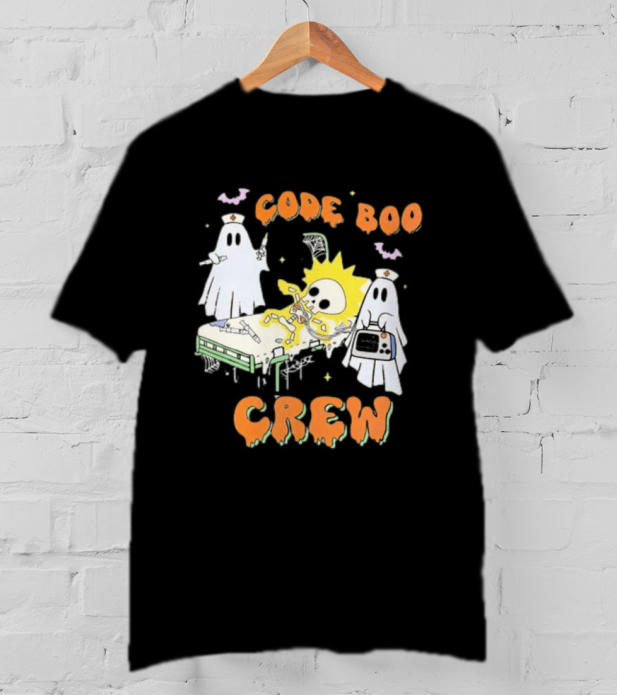 Code Boo Crew Halloween Ghost Nurse Skeleton Scene T-Shirt