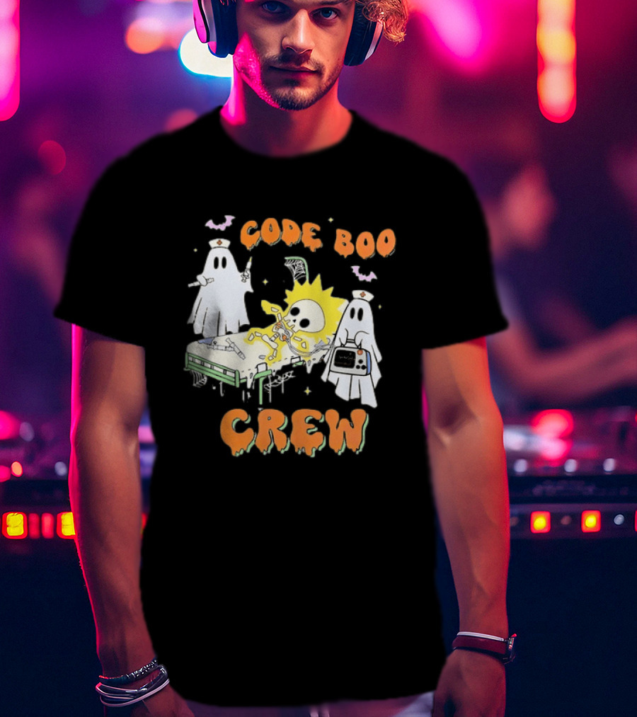 Code Boo Crew Halloween Ghost Nurse Skeleton Scene T-Shirt