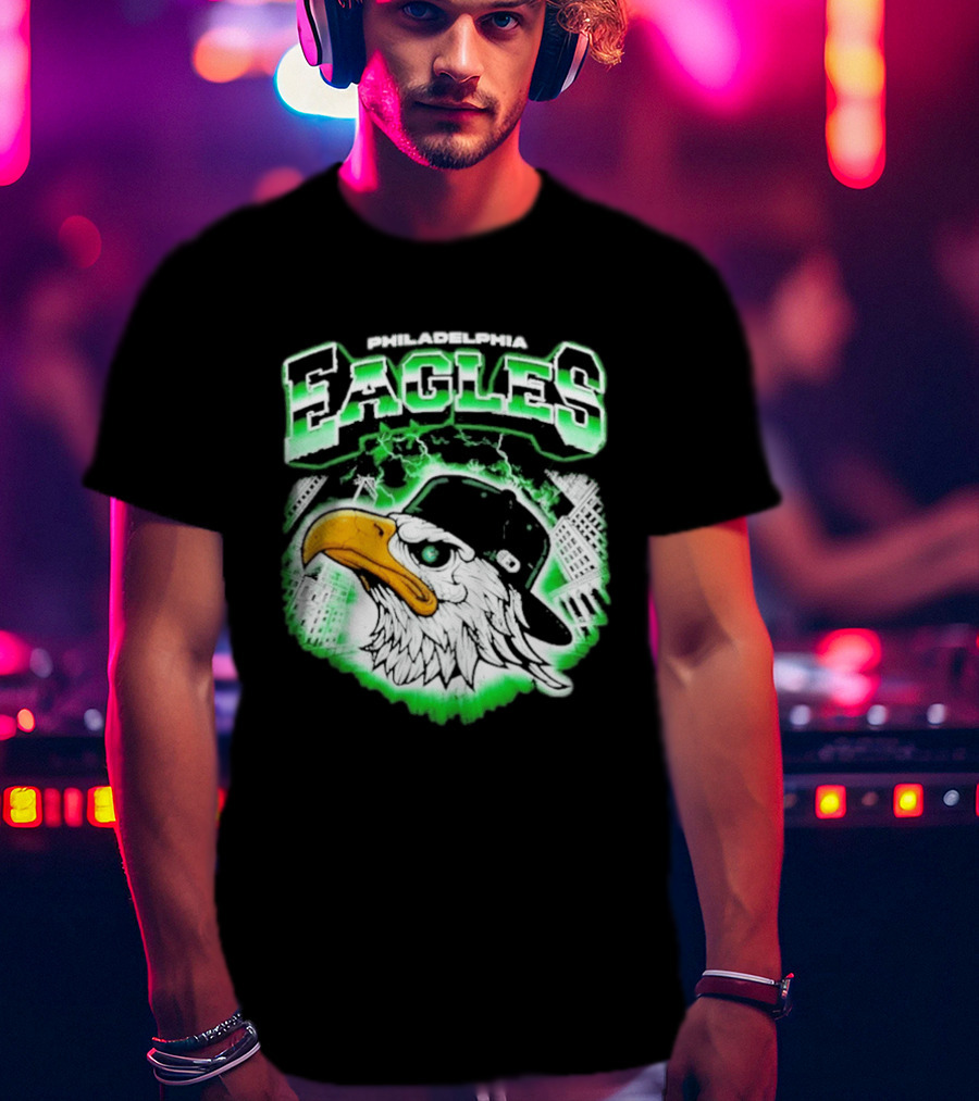 Philadelphia Eagles Mascot With Baseball Cap And City Skyline T-Shirt