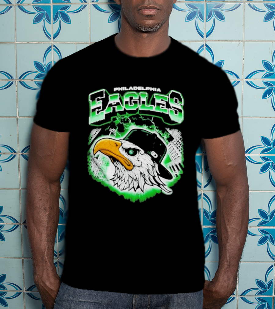 Philadelphia Eagles Mascot With Baseball Cap And City Skyline T-Shirt