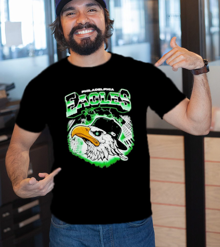 Philadelphia Eagles Mascot With Baseball Cap And City Skyline T-Shirt