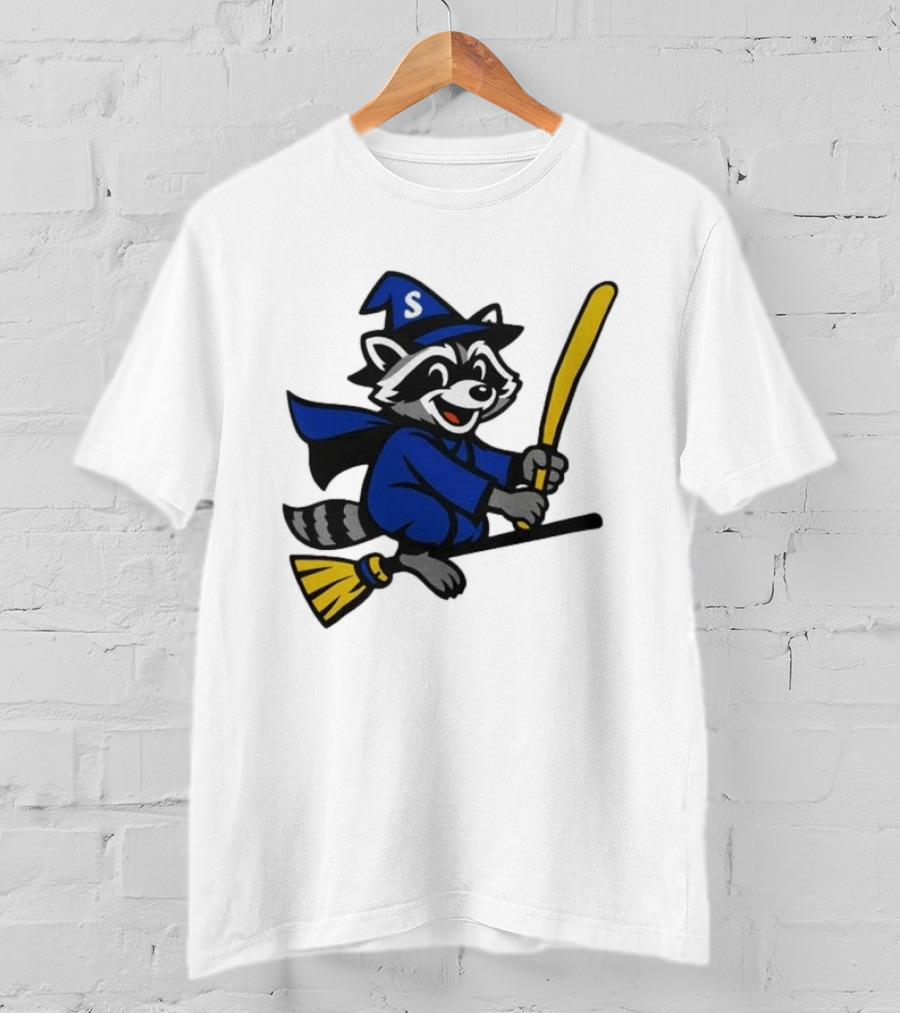 Seattle Mariners Jimothy The Etsy Witch Raccoon Flying Broomstick T-Shirt