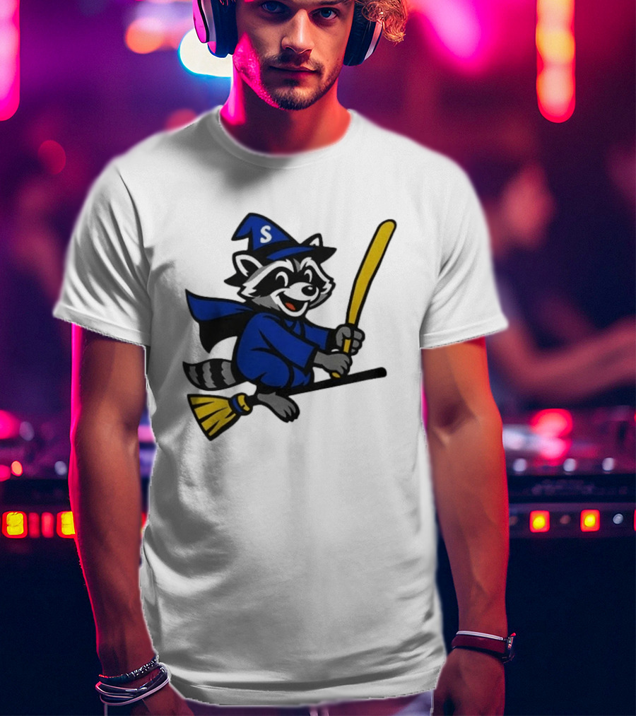 Seattle Mariners Jimothy The Etsy Witch Raccoon Flying Broomstick T-Shirt