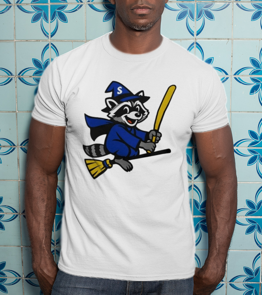 Seattle Mariners Jimothy The Etsy Witch Raccoon Flying Broomstick T-Shirt