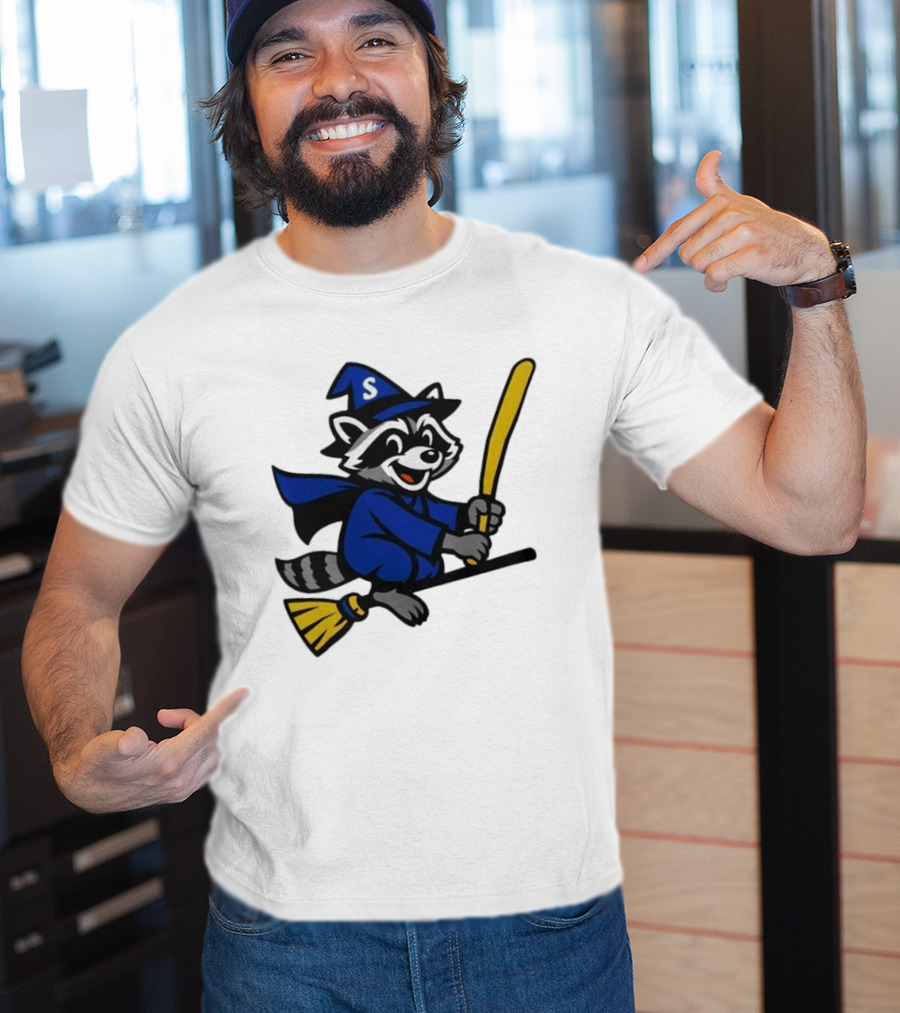 Seattle Mariners Jimothy The Etsy Witch Raccoon Flying Broomstick T-Shirt