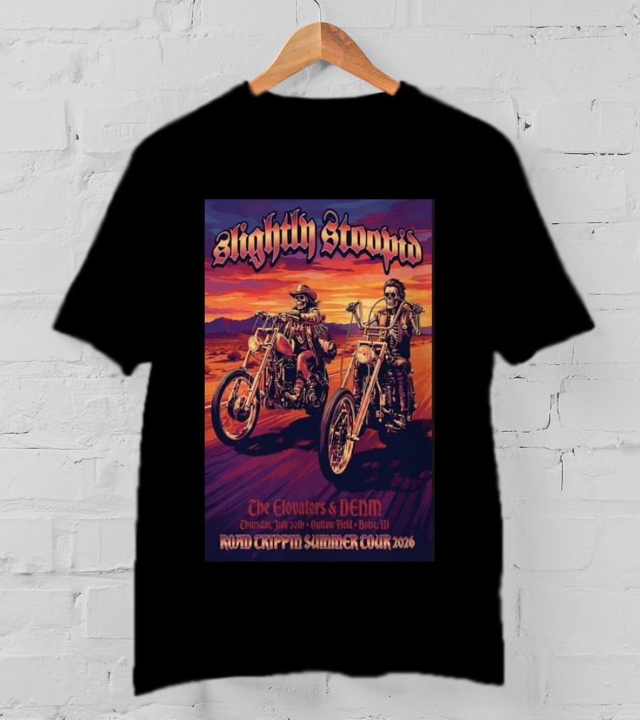 Slightly Stoopid Road Trippin Summer Tour 2026 The Elovaters DENM Boise Thursday July 30 Outlaw Field T-Shirt