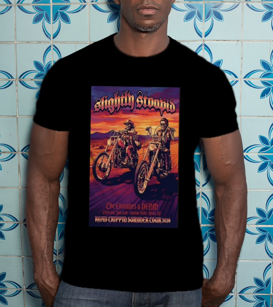 Slightly Stoopid Road Trippin Summer Tour 2026 The Elovaters DENM Boise Thursday July 30 Outlaw Field T-Shirt