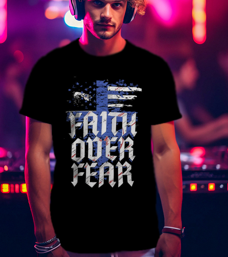 Faith Over Fear Distressed American Flag Cross T-Shirt
