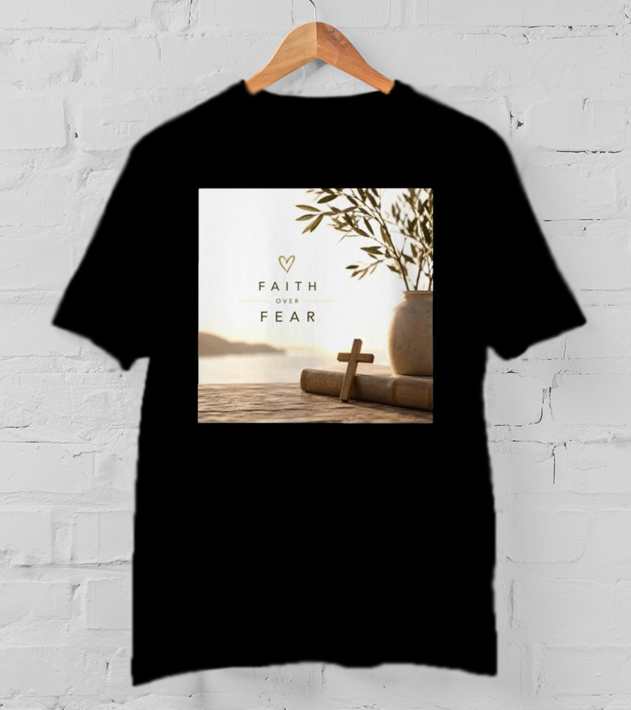 Faith Over Fear Christian Cross Heart With Bible And Olive Branches T-Shirt
