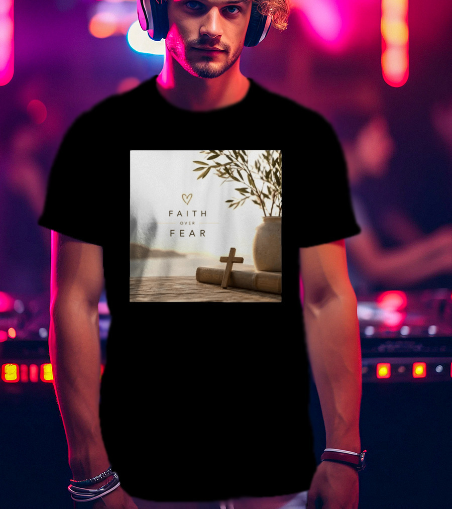 Faith Over Fear Christian Cross Heart With Bible And Olive Branches T-Shirt
