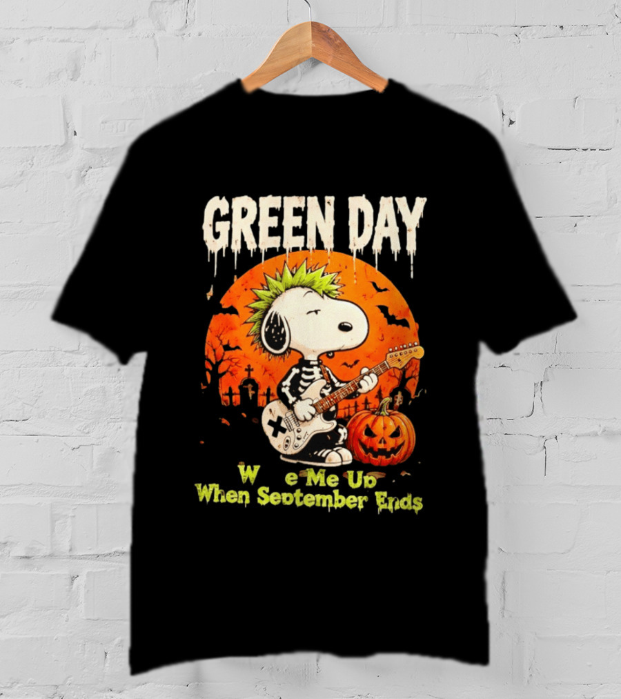 Green Day Snoopy Skeleton Guitar Wake Me Up When September Ends Halloween Pumpkin T-Shirt