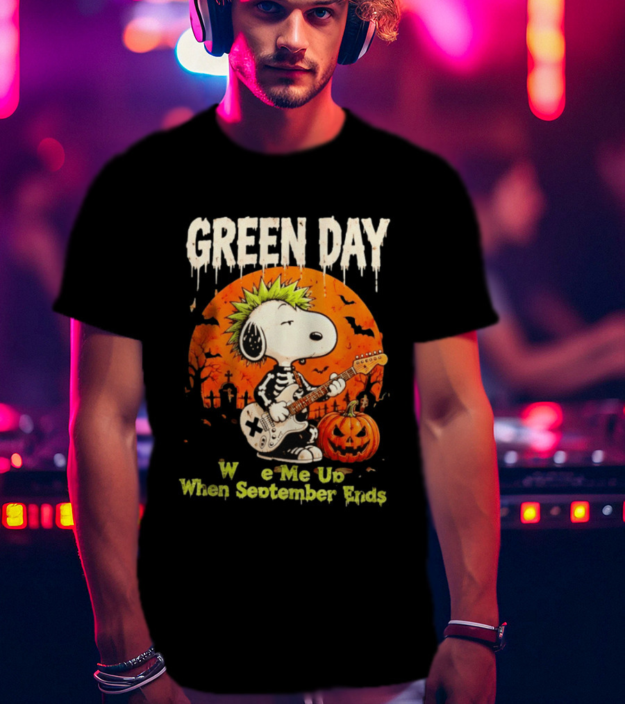 Green Day Snoopy Skeleton Guitar Wake Me Up When September Ends Halloween Pumpkin T-Shirt