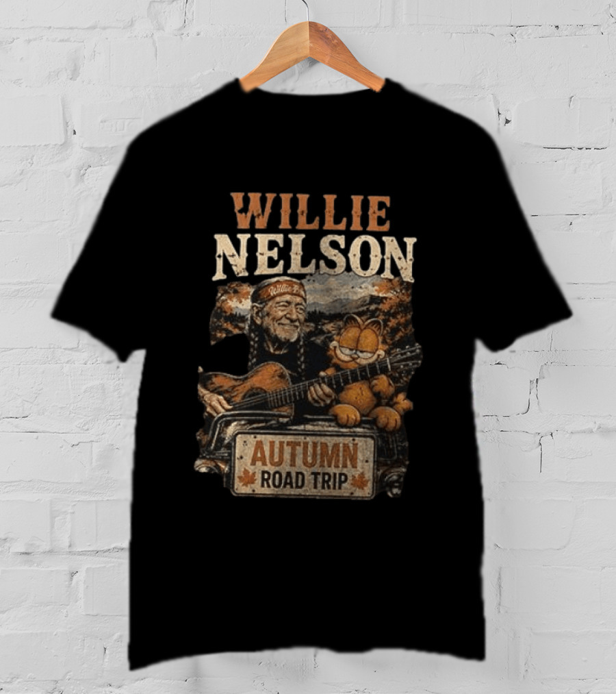 Willie Nelson Autumn Road Trip With Orange Cat T-Shirt