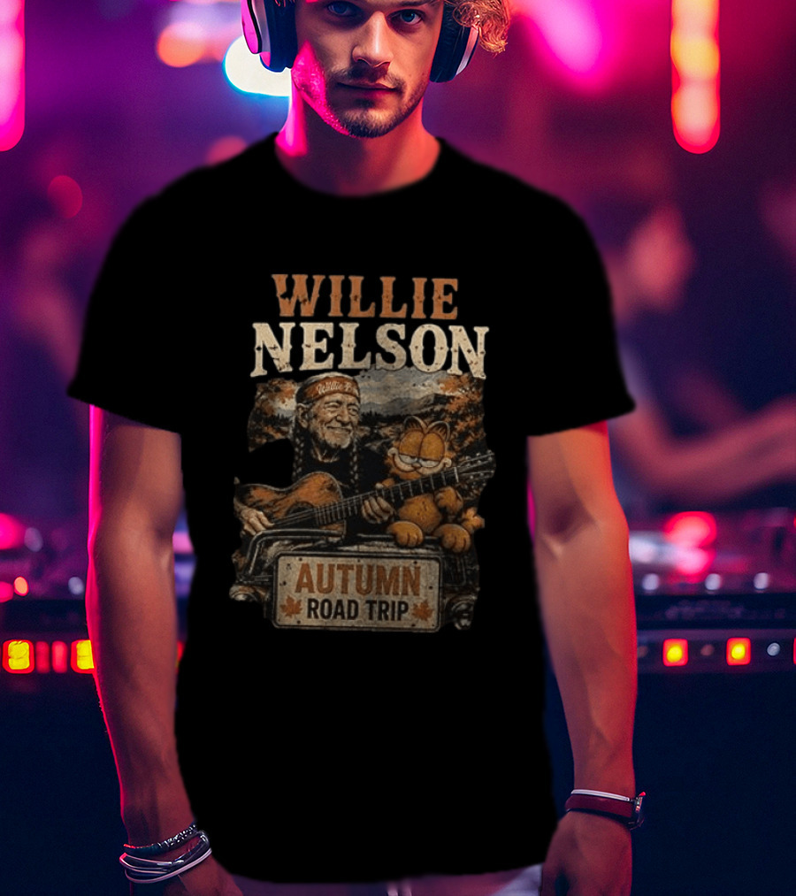 Willie Nelson Autumn Road Trip With Orange Cat T-Shirt