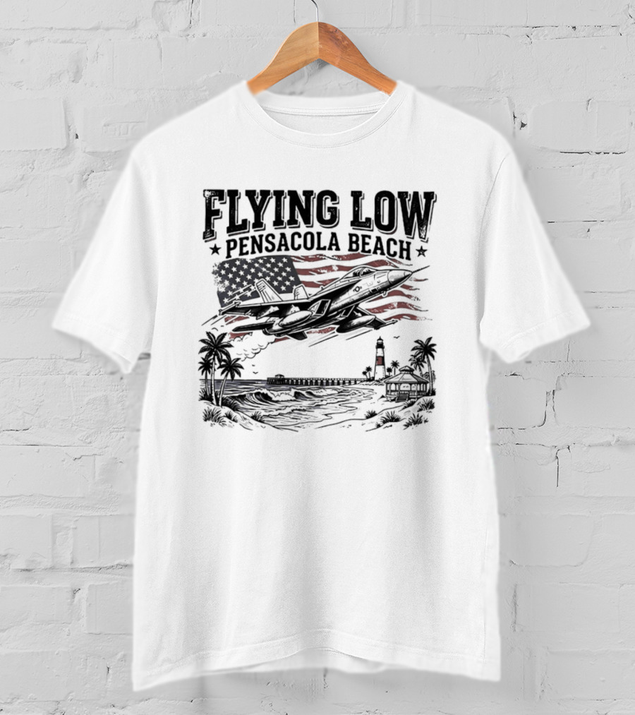 Flying Low Pensacola Beach American Flag Fighter Jet Scenic Beach View T-Shirt