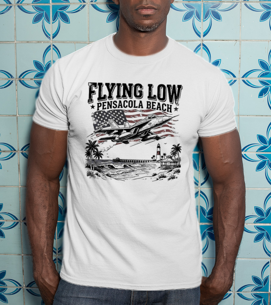 Flying Low Pensacola Beach American Flag Fighter Jet Scenic Beach View T-Shirt