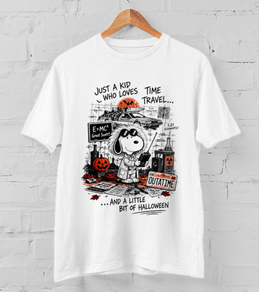 Snoopy Just A Kid Who Loves Time Travel Halloween Pumpkin Scene T-Shirt