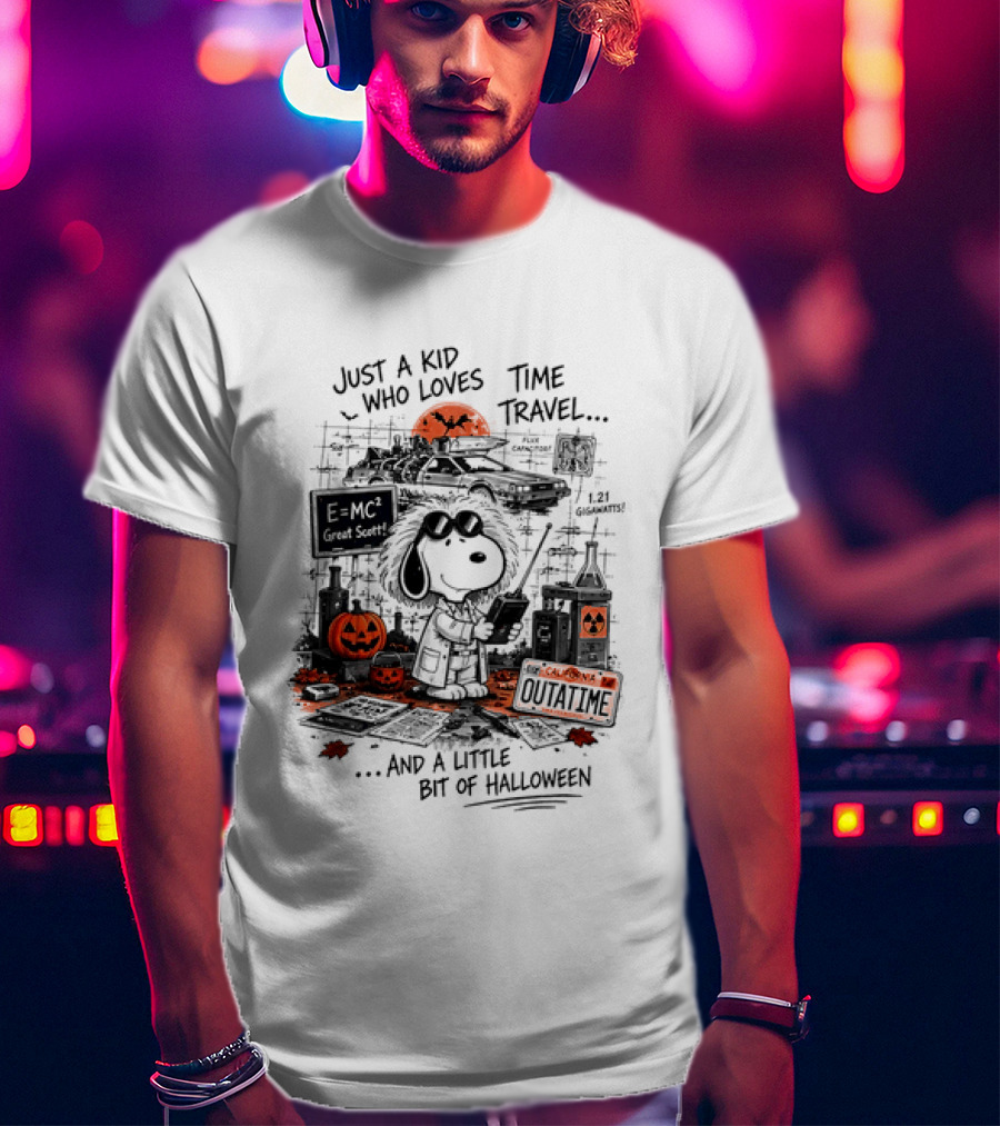 Snoopy Just A Kid Who Loves Time Travel Halloween Pumpkin Scene T-Shirt