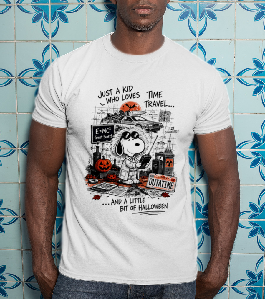 Snoopy Just A Kid Who Loves Time Travel Halloween Pumpkin Scene T-Shirt