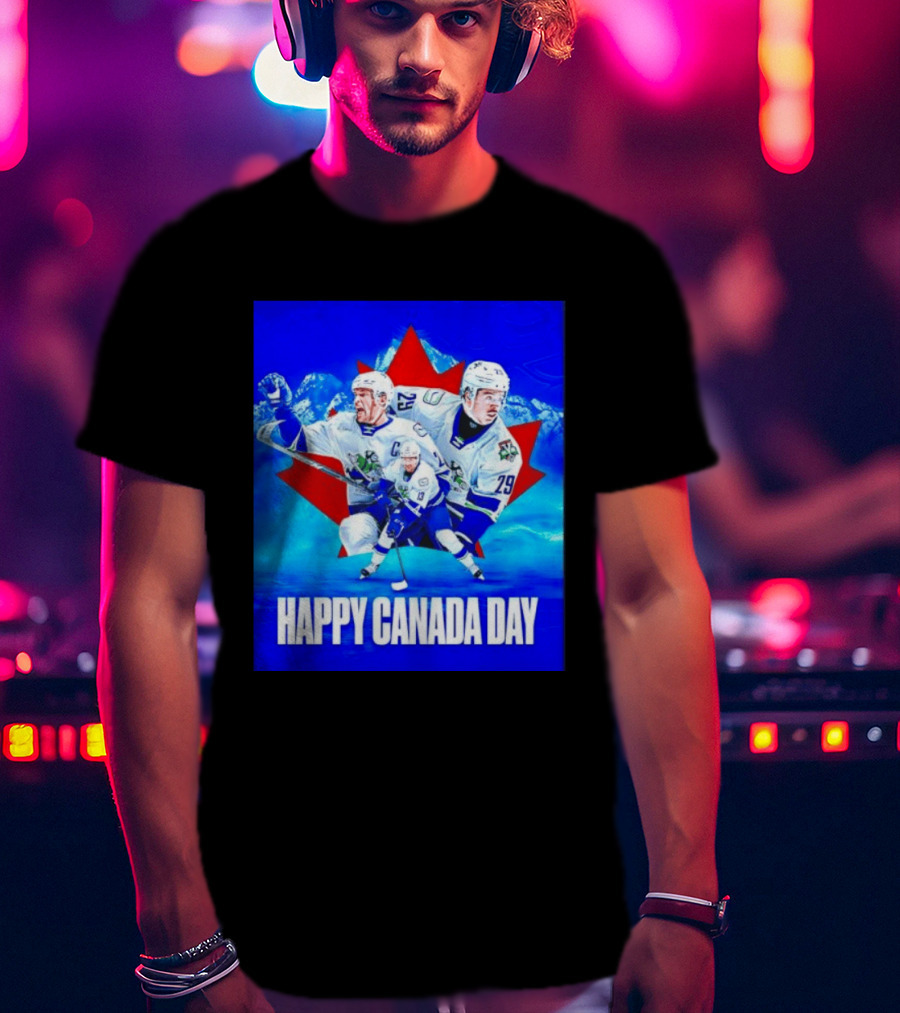 Abbotsford Canucks Happy Canada Day Celebration Collage With Hockey Players And Maple Leaf T-Shirt