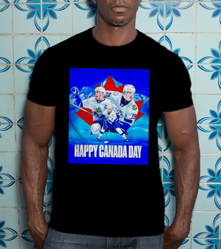 Abbotsford Canucks Happy Canada Day Celebration Collage With Hockey Players And Maple Leaf T-Shirt