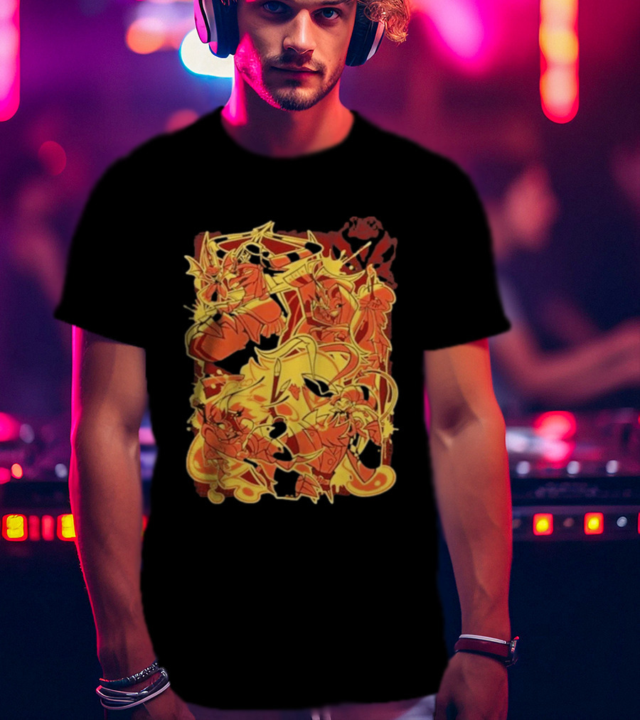 Helluva Boss Satan Characters In Fiery Yellow And Red T-Shirt