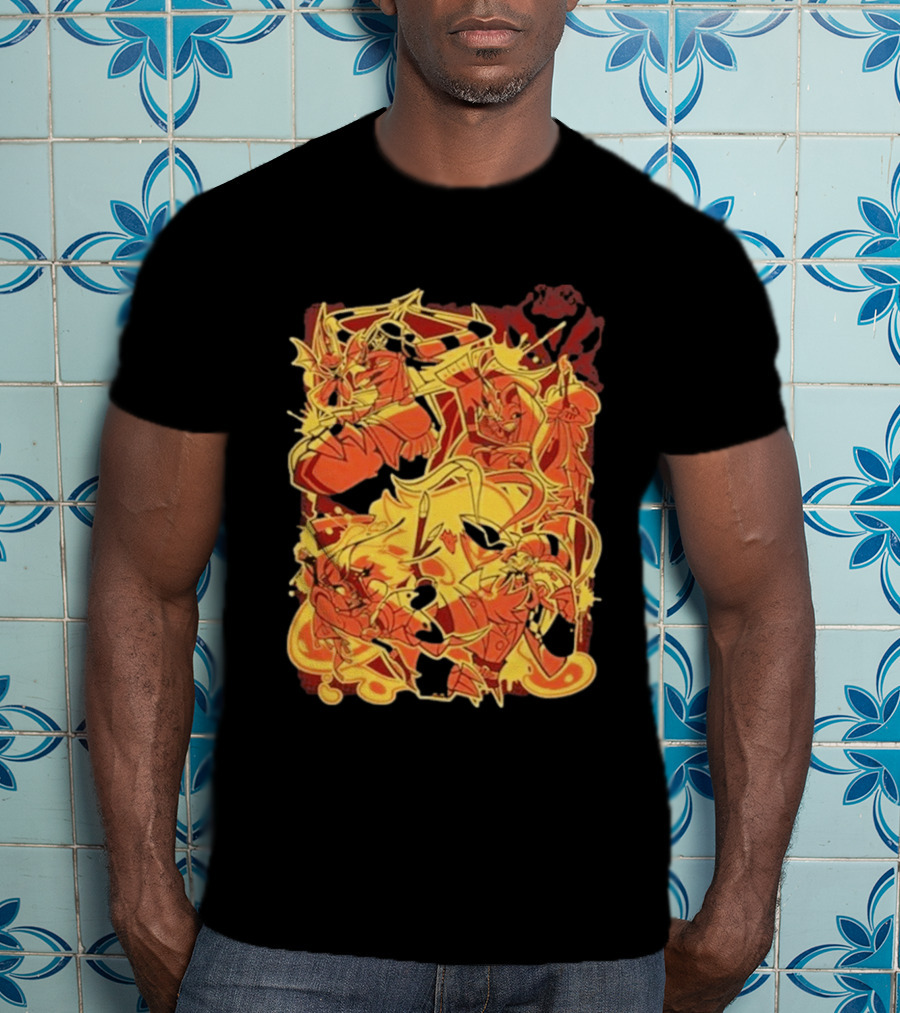 Helluva Boss Satan Characters In Fiery Yellow And Red T-Shirt
