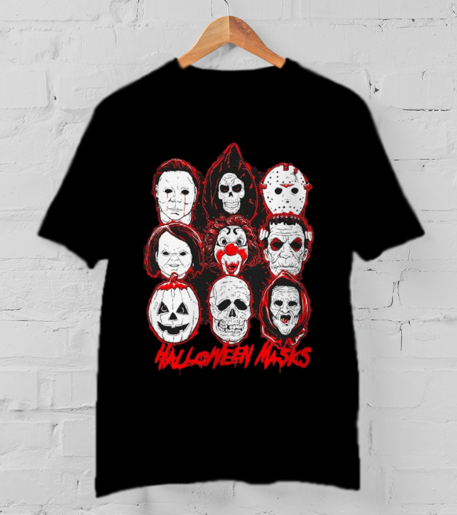 Horror Movie Characters Halloween Masks Skeleton Clown Jack O' Lantern T-Shirt