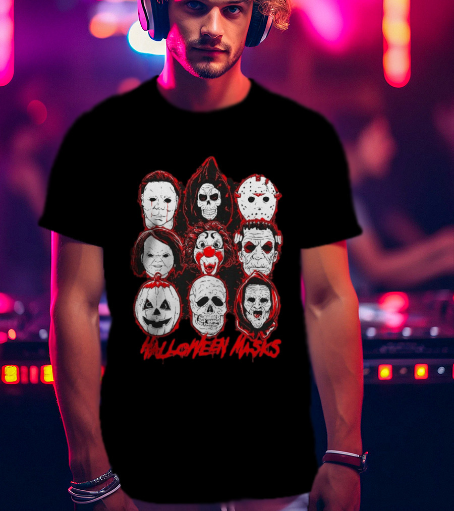 Horror Movie Characters Halloween Masks Skeleton Clown Jack O' Lantern T-Shirt