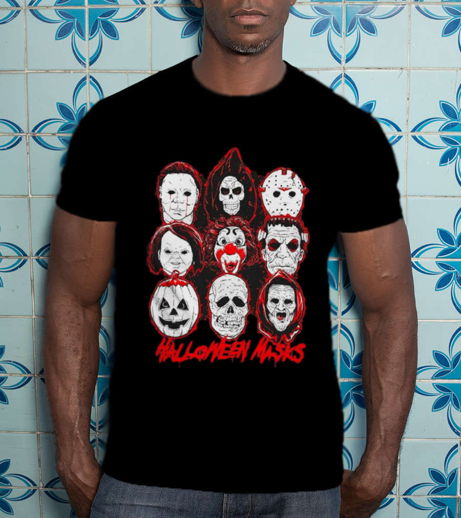 Horror Movie Characters Halloween Masks Skeleton Clown Jack O' Lantern T-Shirt