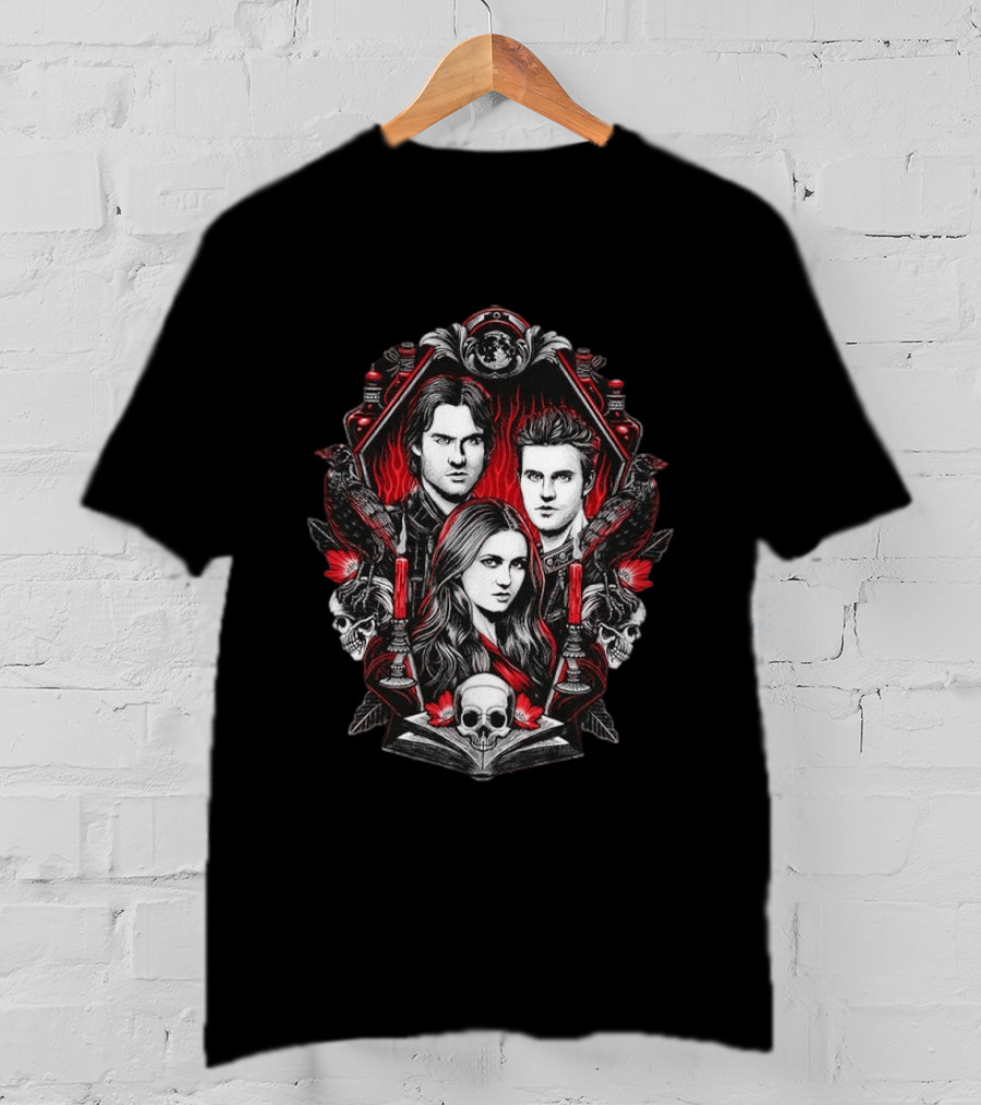 Vampire Blood The Vampire Diaries Damon Salvatore Stefan Salvatore Elena Gilbert Skull Candle Ravens T-Shirt